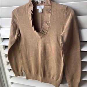Loft Tan Ruffle V-Neck Sweater